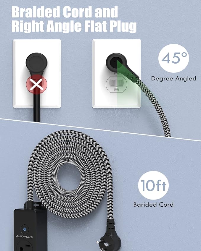 Surge Protector Power Strip with USB C Ports, 10FT Braided Extension Cord, 5 Outlets and 3 USB Ports(1 USB C), AUOPLUS Mountable Power Strips Flat Plug with Overload Protection