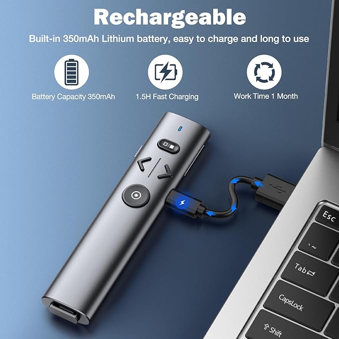Wireless Presentation Clicker with Red Light Pointer, Clicker for Powerpoint Presentations with Volume Control, Rechargeable Long Range Presenter for Google Slide Keynote PC