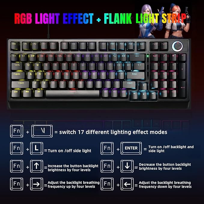 Mechanical Gaming Keyboard with Red Switches:98 Keys with Backlit, Black, Fine-Tune Audio or Brightness Using The Dual-Function knob,17 Lighting Modes,Anti-Ghosting, Wired USB for PC Mac Gaming