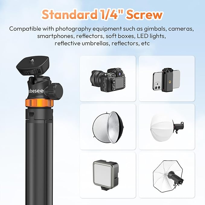 Extendable Tripod Aluminum, 79" Portable Adjustable Light Stand with 1/4" Screw, 360° Ball Head Camera Phone Tripod for Camera Video Light Smartphone, Lightweight for Travel