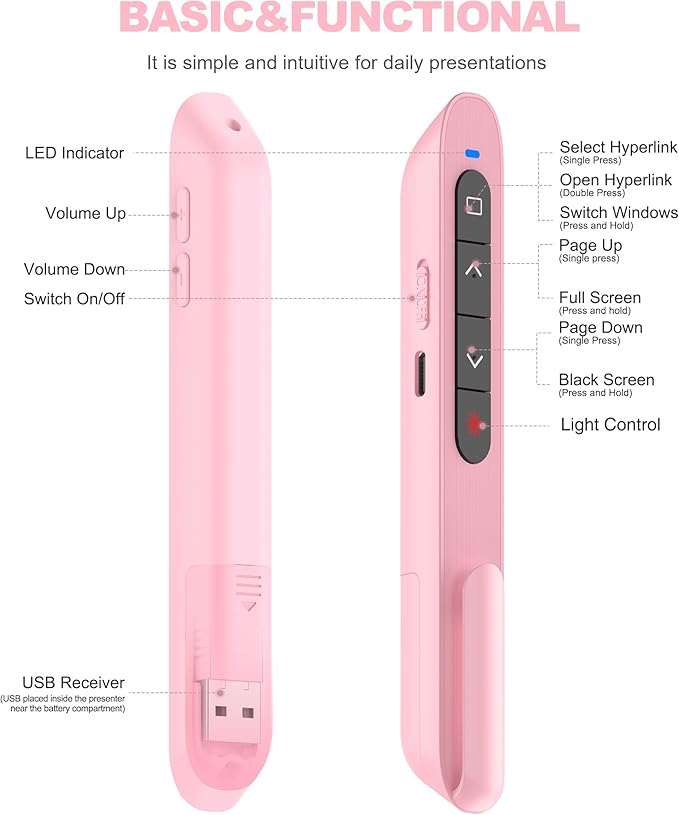 DinoFire Wireless Presentation Remote Presenter, RF 2.4GZ USB C Rechargeable Slide Clicker for Powerpoint Presentations for Laptop/Computer-Pink