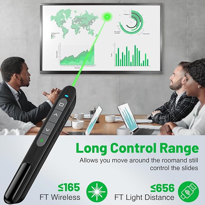 Presentation Clicker for Powerpoint with Green Light Pointer, 2-in-1 USB Type C Rechargeable Wireless Clicker with Hyperlink Volume Control, Pointer for Presentations Support Mac Windows