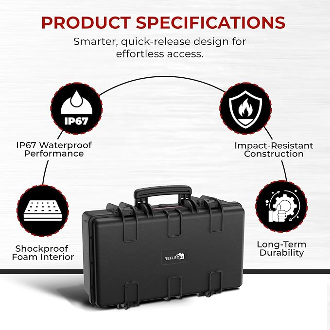 REFLEX CAMERA Hard Portable Waterproof IP67 Case with Customisable Foam Inserts for Maximum Protection ideal for Drones, Camera, Lens, Guns & Tools 21.7” x 13.6” x 7.8” Dust, Impact & Shock Resistant