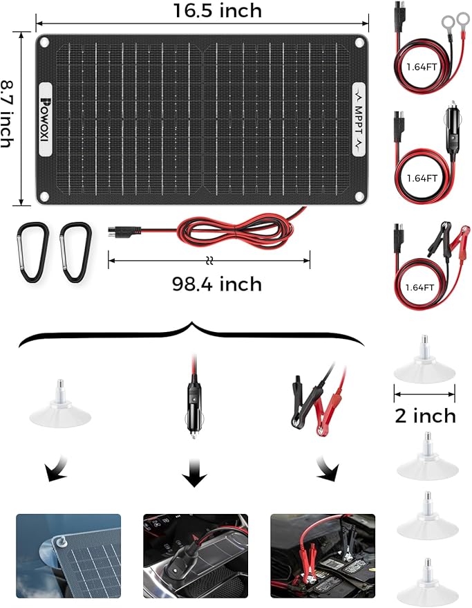 POWOXI 15W Solar Battery Charger: 12V Solar Car Battery Trickle Maintainer - with MPPT Controller Parameter Adjustable - for RV Boat Marine Motorcycle Trailer Truck Tractor - Solar Panel Kit