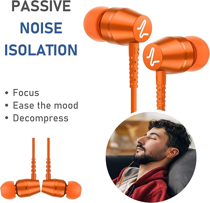 LUDOS OMNITONE Wired Earbuds in-Ear Headphones, 5 Years Warranty, Earphones with Microphone, 3.5 mm Jack Corded Ear Buds, Videoconference for iPhone, Samsung, Laptop, Kids, School Students - Orange