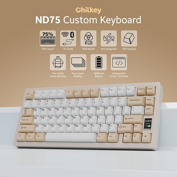 Chilkey ND75 Aluminum Mechanical Keyboard 75% Percent Wireless Gaming Keyboard with LCD Screen, Quick Assembly, BT/2.4G/USB-C, Hot Swappable Per-Key RGB Custom Beige Key Board for Laptop Office PC