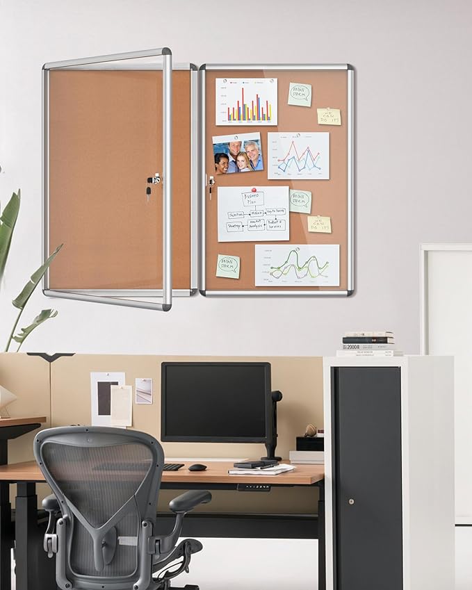 2 Pack 36"x24" Enclosed Bulletin Board, Lockable Weather-Resistant Aluminum Cork Noticeboard for School & Office, Silver Frame w/Cork