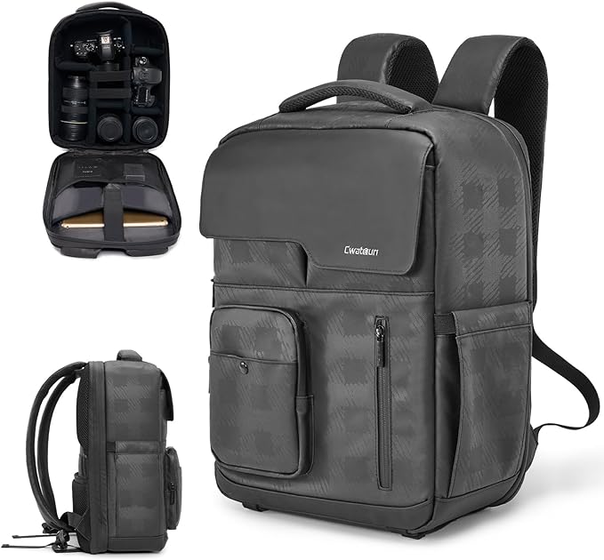 Cwatcun Waterproof Camera Backpack PU Leather Camera Bag with Tripod Holder, 14" Laptop Compartment for Canon Sony Nikon SLR DSLR Mirrorless Camera, Lens, Travel Photography Camera Bag Case
