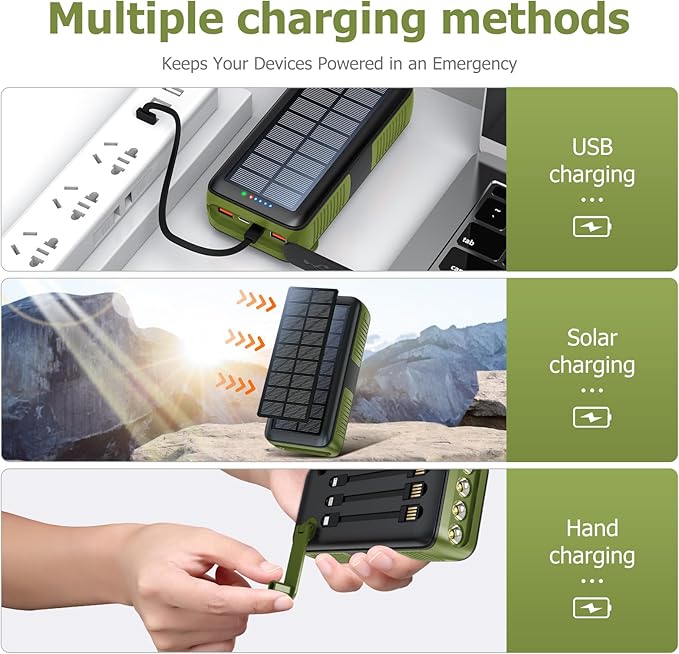 Solar Charger Power Bank 63200mAh, Portable Charger with Dual Outputs & Dual Inputs 4 LEDs Flashlight, Hand Crank Power Bank Fast Charging Battery Pack for Outdoor Camping Survival Gear (army green)