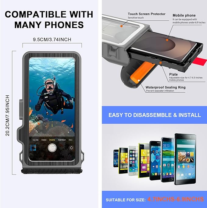 2025 Upgrade Waterproof Phone Case, Diving Snorkeling Swimming Scuba Underwater Touch Screen Photo Video Housing Cover for 17/16/15/14/13/12/11 Pro Max/XS/X Samsung Galaxy S25/S24/S23/S22 (Black Gray)