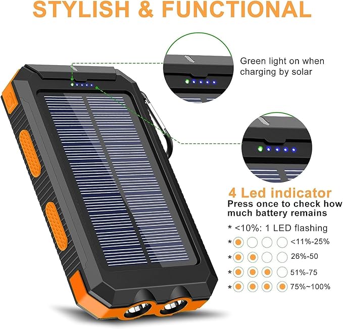 Solar Charger, 38800mAh Portable Type-C Solar Power Bank for All Cellphones, Waterproof Battery Pack, Outdoor External Backup Power Charger Three Outputs/LED Flashlights, Perfect for Camping Travel