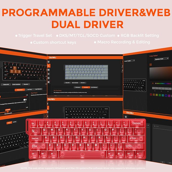 DAREU COOL60 60% Hall Effect Gaming Keyboard with Magnetic Switch, SOCD, 0.01mm Actuation Adjustable Rapid Trigger,8000 Hz Polling, Frosted Transparent Keycaps, Hot-swap, RGB Backlit