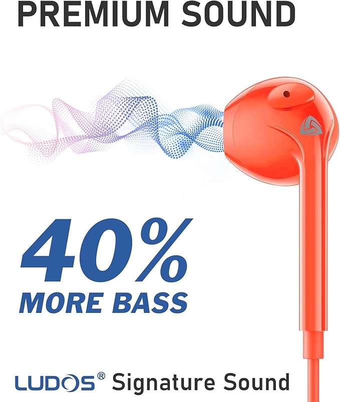 LUDOS Zenith Wired Earbuds in-Ear Headphones, 2 Years Warranty, Earphones with Microphone, Corded for 3.5mm Jack Ear Buds for iPhone, Samsung, Computer, Laptop, Kids, School Students, Woman - Coral
