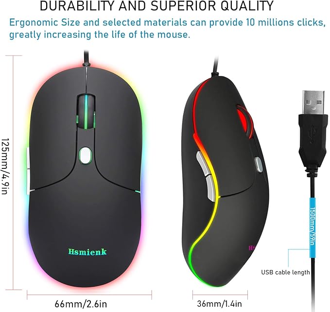 Wired Mouse, Mouse for Laptop with Easy Click for Office, Home, Gamer, 3200DPI, Programmable Buttons, USB LED Backlit Mice Wired Computer Mice Compatible with Laptop, PC, Desktop, Black
