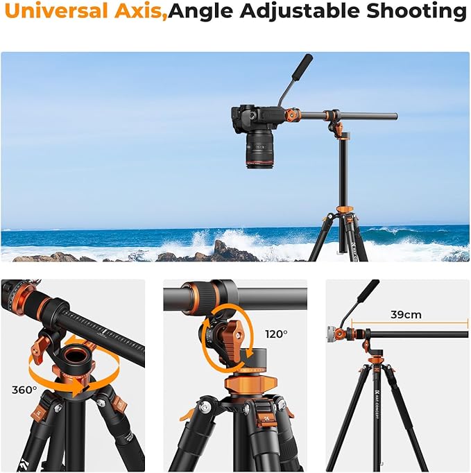 K&F CONCEPT 90''/230cm Overhead Camera Tripod, Horizontal Shooting Video Tripods with Fluid Head Heavy Duty 10KG Load Capacity, Detachable Monopod, for Indoor and Outdoor Use T254A7+FH-03