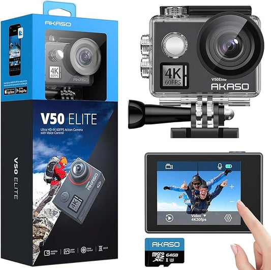 AKASO V50 Elite 4K60fps Touch Screen WiFi Action Camera Voice Control EIS 131 feet Waterproof Camera 8X Zoom Remote Control (with 64GB MicroSD Card)