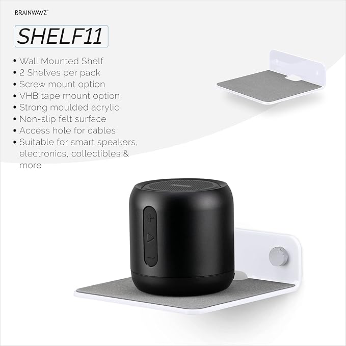 BRAINWAVZ 2-Pack 4” Small Floating Shelf Bluetooth Speaker Stand, Adhesive & Screw Wall Mount, Anti Slip, for Cameras, Baby Monitors, Webcam, Router & More, Universal Holder (SHELF11 White)