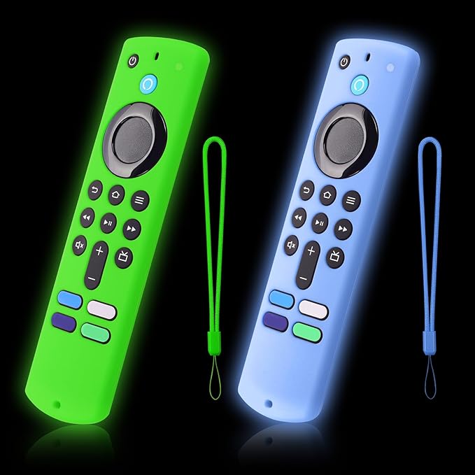 2-Pack Glowing Green + Glow Blue Remote Cover Compatible with Amazon Fire TV Stick, HD, 3rd Gen., 4K Remote Controls, Anti-Slip Silicone Protective Case with Lanyard, GITD!