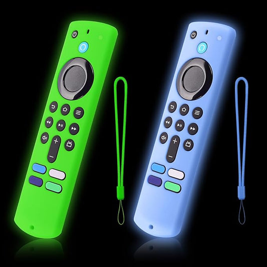 2-Pack Glowing Green + Glow Blue Remote Cover Compatible with Amazon Fire TV Stick, HD, 3rd Gen., 4K Remote Controls, Anti-Slip Silicone Protective Case with Lanyard, GITD!