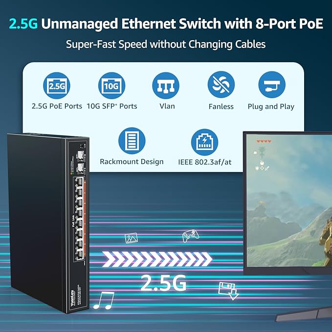 YuanLey 10 Port 2.5G PoE Switch Unmanaged, 8 x 2.5G Base-T PoE Ports, 2 x 10G SFP, IEEE802.3af/at, 120W, Compatible with 100/1000/2500Mbps, Metal Fanless, Desktop/Rack Mount 2.5Gbe Network Switch