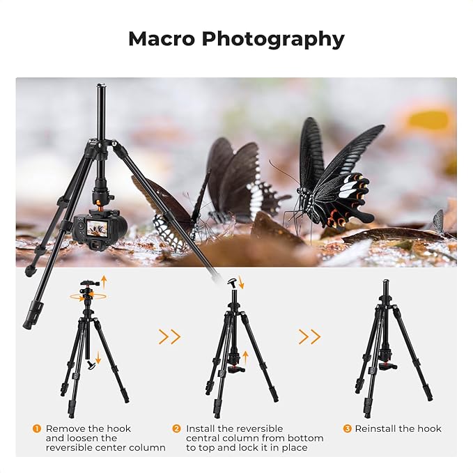K&F Concept 76 inch Camera Tripod with Rotatable Multi-Angle Center Column,Lightweight Travel Outdoor DSLR Tripods with 360 Degree Ball Head Load Capacity 8kg/17.6lbs, Cellphone Clips for Smartphone
