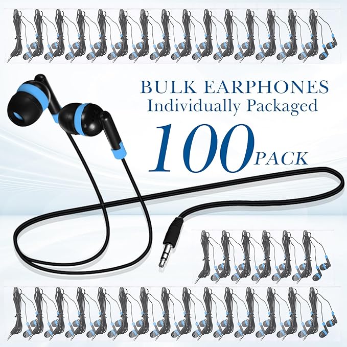 Kanayu 100 Pack Wired Earbuds Bulk for Classroom Ear Headphones Wired Basic Student Earbuds No Microphone with 3.5mm Jack for Kids Class Laptop School Library, Individually Bagged(Blue)
