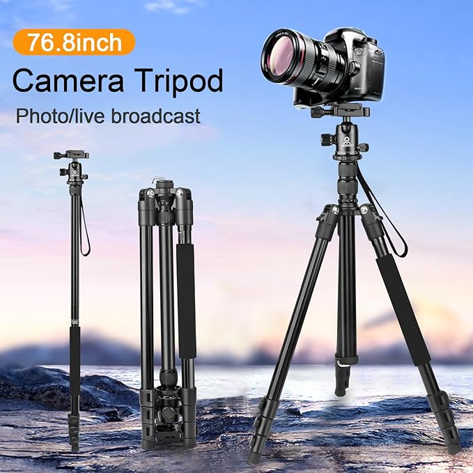 77 inch Professional Camera Photography Tripod,Ball Head Aluminum DSLR/SLR Tripod & Monopod with Carry Bag Compatible with Canon Nikon Binoculars Laser Telescop(Black)