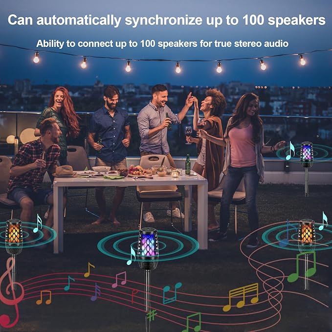 Upgraded Outdoor Speakers, Wireless Speakers with Bluetooth Outdoor Gift for Men, Wireless Speaker Multi-Sync up to 100 Speakers with Colorful Light, HD Stereo, Stake, Hook for Patio/Yard/Porch