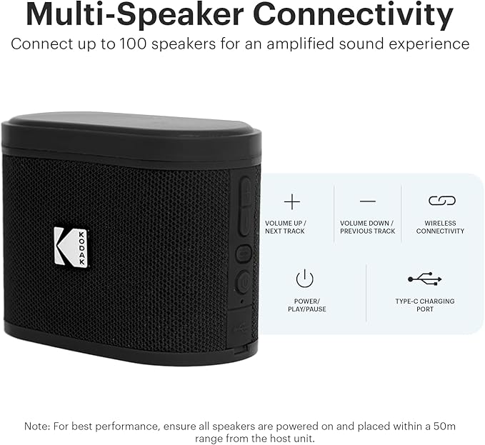 KODAK SOUNDBRIX™ Bluetooth Speaker with HD Sound Portable Wireless IPX4 Water Resistant Upto 5H Playtime V5.4 for Home Party Outdoor Beach Electronic Gadgets Birthday Gift Black Stackable Speakers