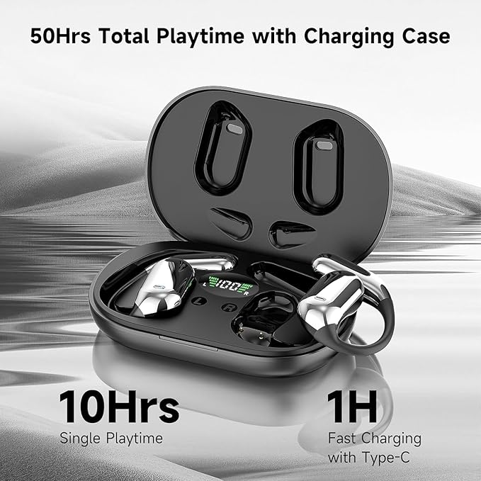 Open Ear Clip Wireless Earbuds Bone Conduction Headphones, Bluetooth 5.4, Open Ear Design for Running Fitness,office，Built-in Mic, IPX7 Waterproof, LED Display Charging Case,Ear Hooks Ear Buds
