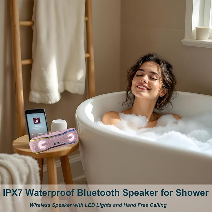 Pink Bluetooth Speaker, IPX7 Waterproof Outdoor Wireless Speaker, 24H Playtime, LED Lights, TWS Pairing, Ideal for Pool, Beach, Birthday Gifts for Teen Girls, Pink