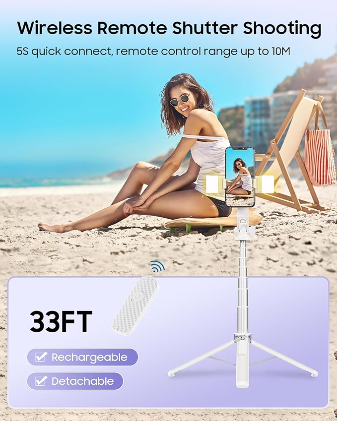 53'' Selfie Stick Tripod with Light, Enhanced 4-Leg Cell Phone Stand Camera Tripod with Rechargeable Wireless Remote & 2 Fill Light, Portable Selfie Stick Travel Essentials for iPhone Android