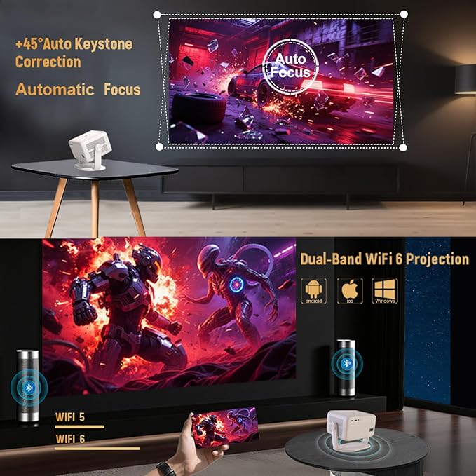 【Velec Officially Licensed & Google CTS Approved】Smart Projector with WiFi and Bluetooth, Auto Focus & Auto Keystone, 360°Rotation 4K Support Native 1080P, 650 ANSI Portable Mini Outdoor Projector
