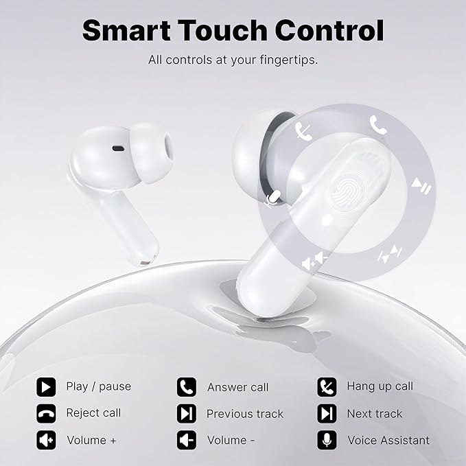 Wireless Earbuds Bluetooth 5.3 Headphones, Lightweight in-Ear Design with Deep Bass, 48HPlaytime, Touch Control, IPX5 Waterproof Earphones for Sports Workout (White)