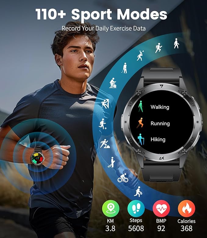 LIGE Military Smart Watch for Men iPhone Android 1.43" HD Amoled Rugged 120+ Sport Modes IP68 Waterproof Answer/Make Call Fitness Running Heart Rate Blood Pressure Health Mens Smartwatch EF6-E