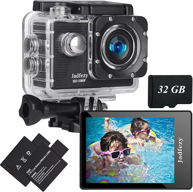 Action Camera FHD 1080P with 32GB Card, 98FT/30M Underwater Waterproof Camera with 2 Rechargeable Batteries, Wide Angle Sports Camera with Accessories Kit Suitable for Helmet, Bicycle, etc.