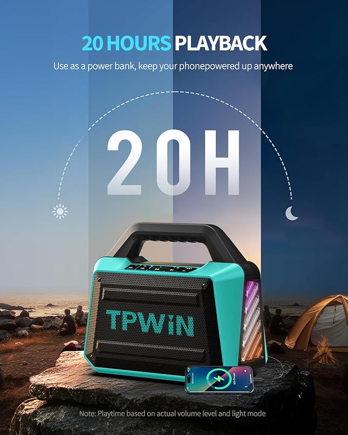 Powerful 80W Outdoor Bluetooth Speaker: IPX6 Waterproof, Rugged, 20H Playtime, Deep Bass, Lightshow, TWS, BT 5.3 Wireless, Portable for Travel Hiking Camping Beach Pool - Teal