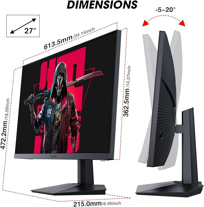KOORUI GN02 27-inch 240Hz Gaming Monitor, 1ms FHD 1080p, G-SYNC and FreeSync Premium, HDMI 2.0/DP 1.4, Xbox PS5 Switch Ready, VESA, Tilt, Black
