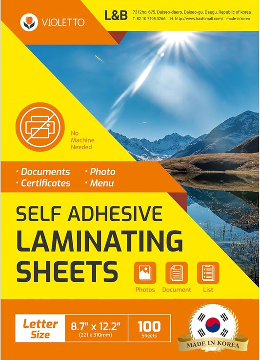 [VIOLETTO] 100 Sheets - Self Adhesive Laminating Sheets for Ultimate Protection. No Machines Needed, 4 Mil Thickness, 8.5 x 11 Inches. Effortless, Durable & Perfect for Documents & Photos.