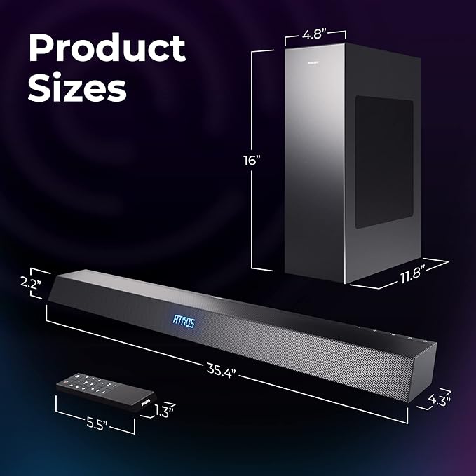 Philips Soundbar with Wireless Subwoofer, Dolby Atmos Sound bar for tv 2.1-Channel Bluetooth Surround Sound System for tv Home Theater Audio Speakers, DTS Play-Fi, Amazon Echo, Airplay 2,Compatible