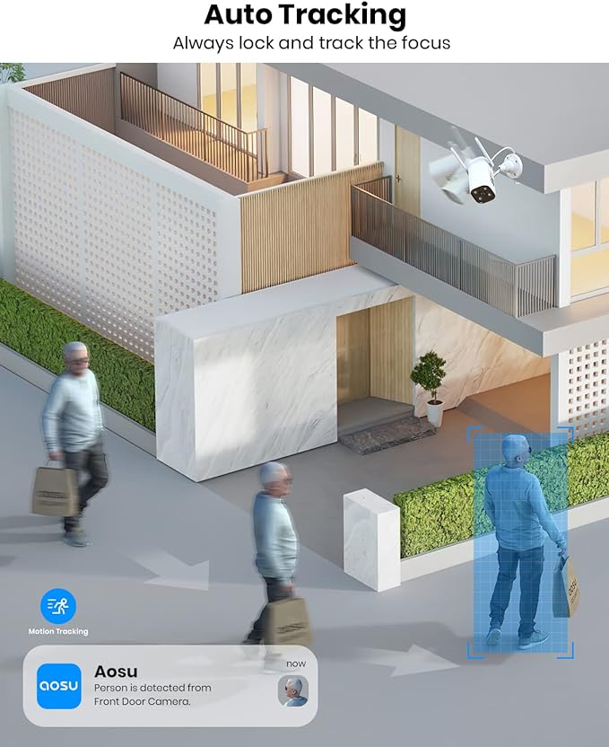 AOSU 2K Security Camera Outdoor with Color Night Vision, 5GHz & 2.4 GHz WiFi Outdoor Support 24/7 Recording, Wired Auto Tracking Security Camera, Two-Way Audio, Auto-Cruise (2 Pack)