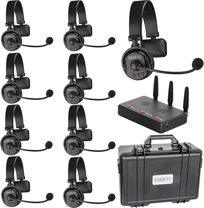 cametv Waero 1.9GHz Wireless Intercom Headset System Noise Cancellation Zero Latency Full Duplex 9 Person Team Communication with Hardcase for Church Boating TV Film Production Drone