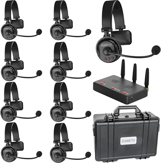 cametv Waero 1.9GHz Wireless Intercom Headset System Noise Cancellation Zero Latency Full Duplex 9 Person Team Communication with Hardcase for Church Boating TV Film Production Drone
