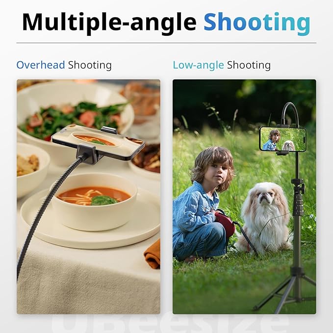 UBeesize 88’’ Flexible Phone Tripod with 14.95’’ Gooseneck, Remote and Phone Holder, Overhead Cell Phone Stand＆Selfie Stick for Video Recording, Compatible with iPhone Android Phone, Camera Black