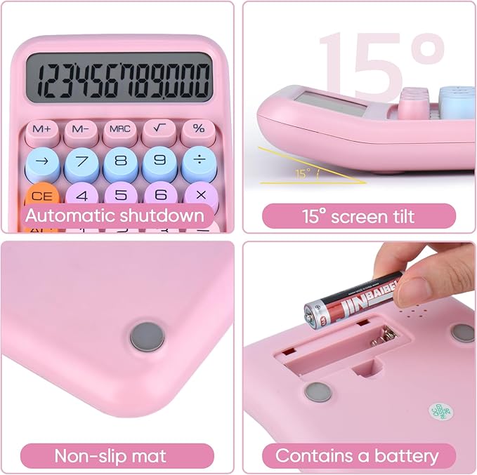 Mechanical Pushbutton Calculator,12 Digit Large LCD Display,Big Buttons Easy to Press,Colorful Candy Calculator,Automatic Sleep,with Battery.for Office,School, Home. (Pink)