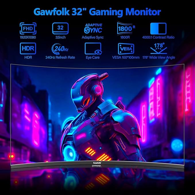 32 Inch Curved Gaming Monitor 240Hz, 1800R PC Monitor Full HD 1080P, Frameless Computer Dispaly with Freesync and Eye Care Technology, Wall Mountable