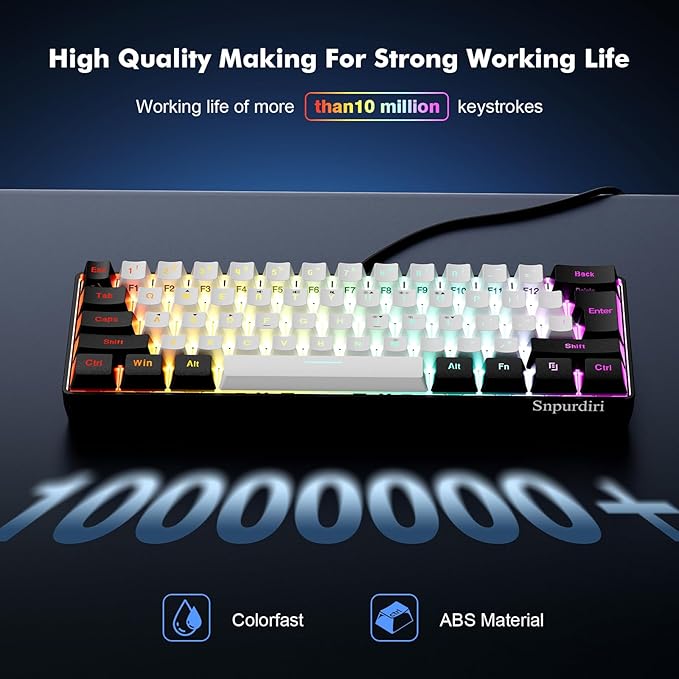 Snpurdiri 60% Wired Gaming Keyboard, 61 Keys RGB Backlit Ultra-Compact Small Gaming Keyboard, for PC/Mac Gamer, Typist, Travel, Easy to Carry on Business Trip(Black-White)