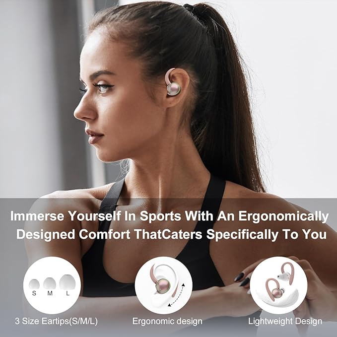 Wireless Earbuds, Bluetooth 5.3 Headphones Sport, Over Ear Buds With ENC Noise Cancelling Mic, 48H, Wireless Earphone With Earhooks, Stereo Deep Bass, IP7 Ear Buds for Workout Running, Rose Gold