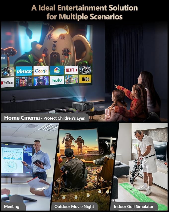 4K Smart Projector 5G WIFI,Native 1080P Ultra HD Home Theater Projector with Android TV Bluetooth WLAN,800ANSI High Brightness Outdoor Movie Projector for iPhone,Support Netflix,Prime Video,YouTube