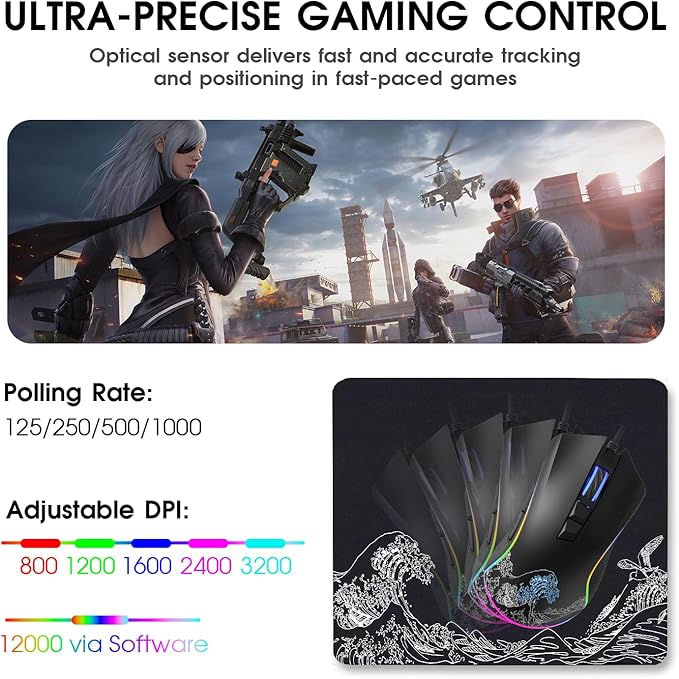 XVX Wired Gaming Mouse, 12000 DPI RGB Mouse with 12 Backlit Modes & 7 Macro Buttons, Gaming Mice Support DIY Keybinding, Gamer Computer Mice for Laptop PC Mac Windows, Wave